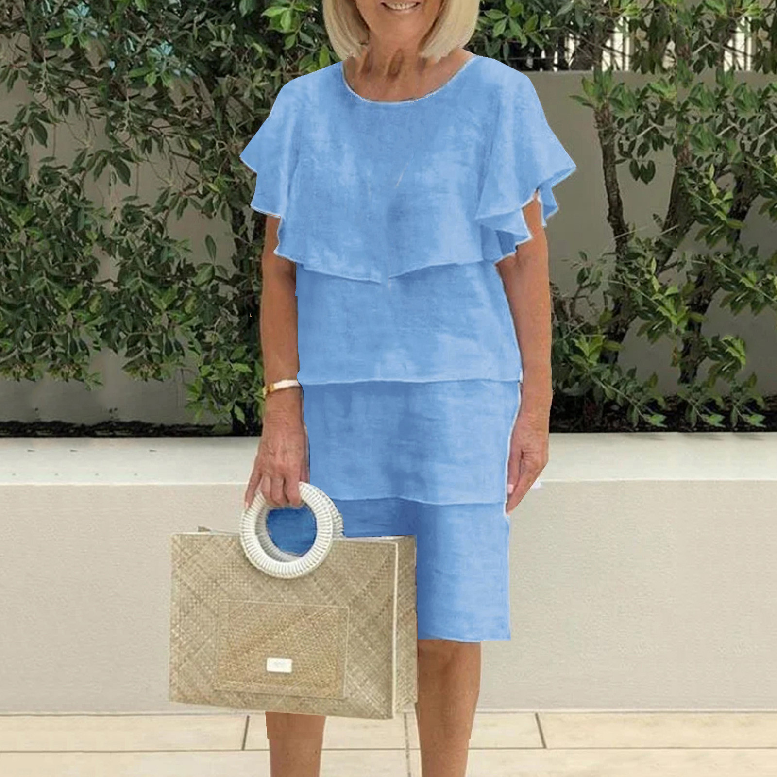 Ganfancp Womens Clothes Oversized Solid Color Crew Neck Mid-Length Dress Quick Dry Slim Fit Short Sleeve Sundress Summer Savings Clearance